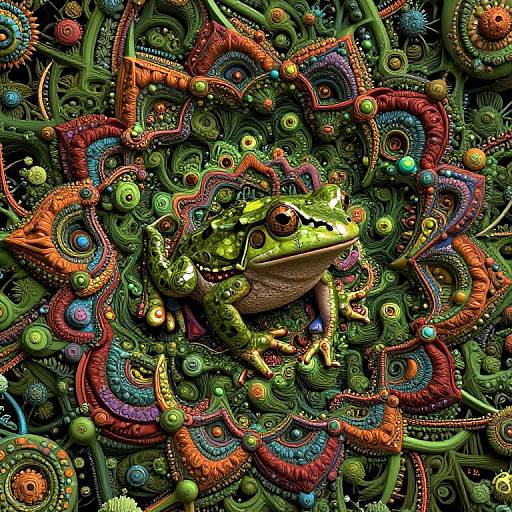 Vivid, surreal digital artwork of a green frog surrounded by intricate, colorful, swirling patterns and abstract shapes in rich greens, reds, and blues