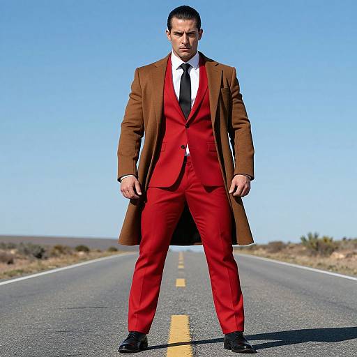 Photograph of a serious, dark-haired man in a red suit, white shirt, black tie, and brown overcoat, standing on a deserted road