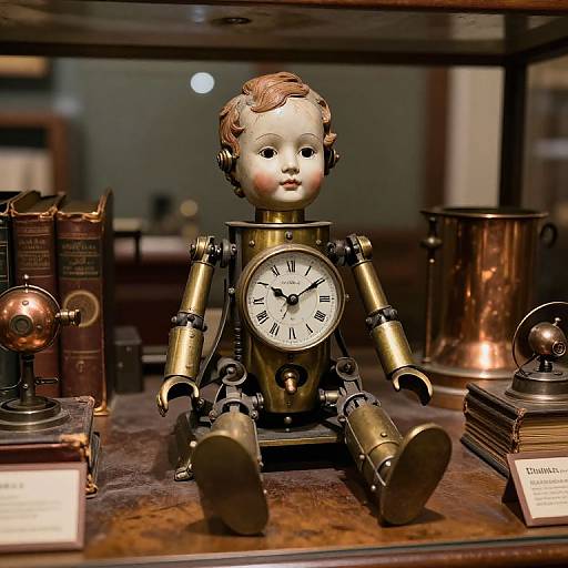 Photograph of a vintage mechanical doll with a brass body, clock face, and curly hair, displayed on a wooden shelf with books and copperware.