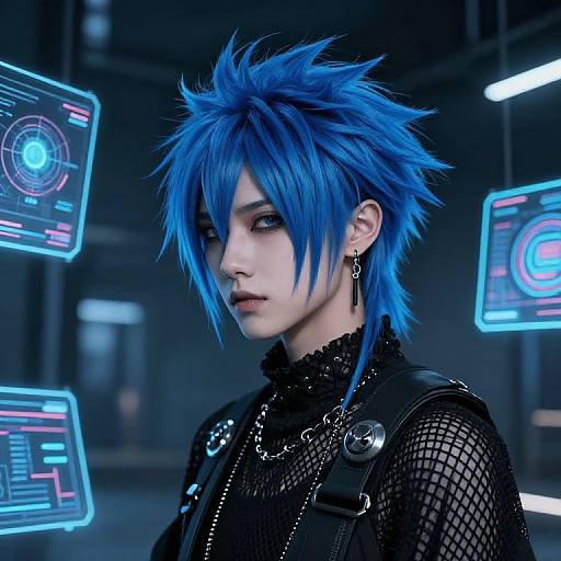 CGI image of a blue-haired, androgynous character in a cyberpunk setting, wearing black mesh and leather, with glowing holographic screens