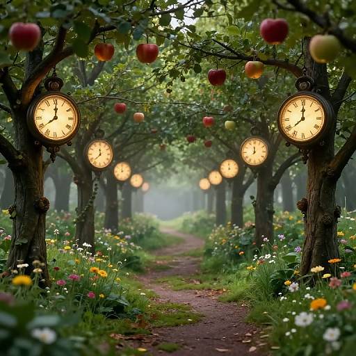 Enchanted Forest With Glowing Clock Apples