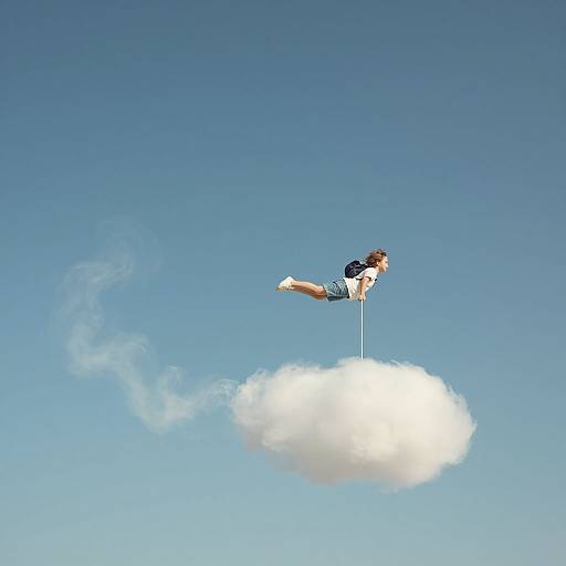 Photograph of a man with brown hair, wearing blue shorts and a white shirt, flying above a white cloud on a parachute against a clear blue sky