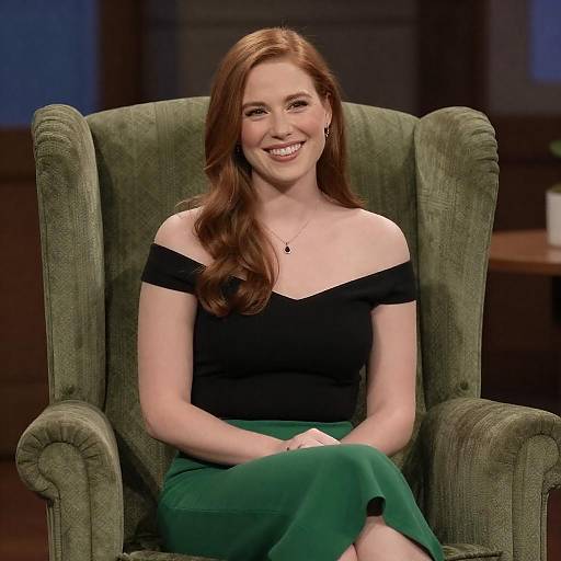 Smiling Woman in Green Armchair