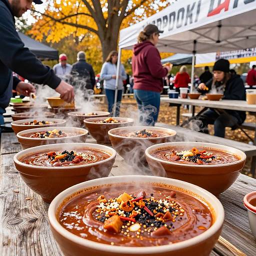 Photograph of steaming bowls of chocolate soup with toppings, served outdoors on a wooden table, autumn background, people in casual attire.