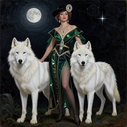Digital painting of a regal woman in an off-shoulder green dress with gold trim, black hat, and jewels, standing between two white wolves