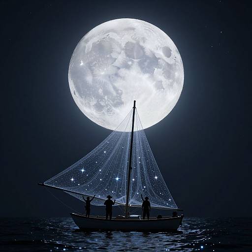 Celestial Fishermen Under Luminous Moon
