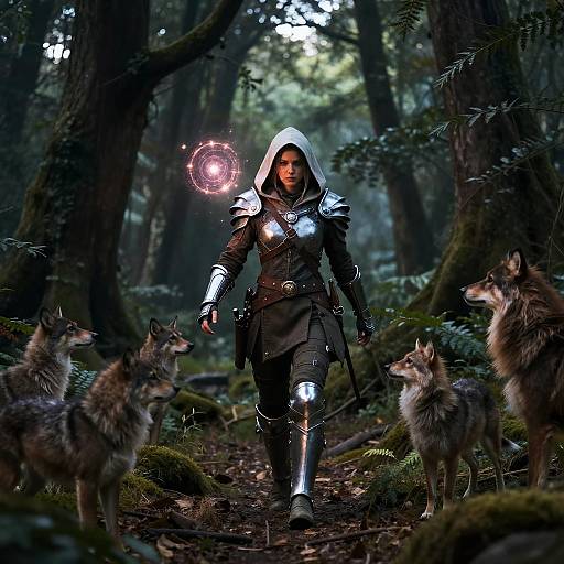 Digital art of a hooded, armored woman with glowing chest piece and floating orb, walking through a dark, misty forest with four wolves.