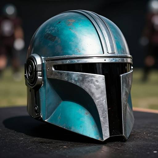 Photograph of a shiny, metallic blue Mandalorian helmet with black visor, detailed with silver accents, placed on a black surface. Blurred outdoor