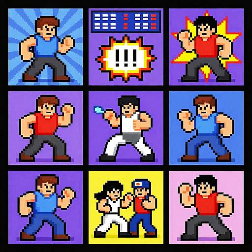 Pixel art grid of a fighting game featuring a male character in blue and red shirts, black pants, striking various poses with explosive effects. Backgrounds in