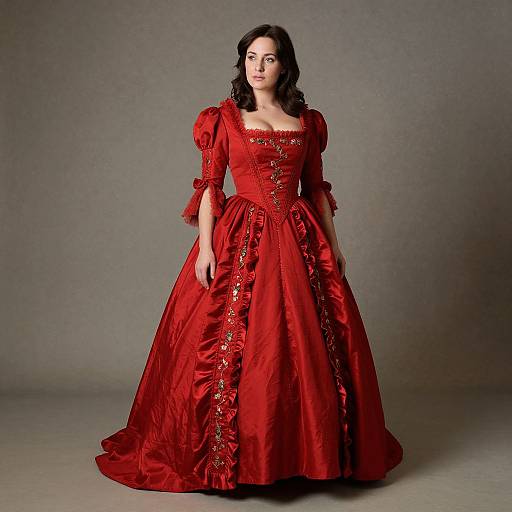 Photograph of a dark-haired woman in a vibrant red, Victorian-style ball gown with puffed sleeves and intricate gold embroidery, standing against a plain gray