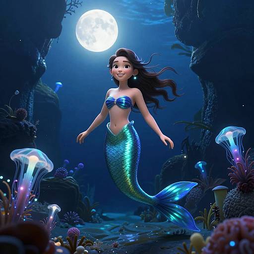 3D Bioluminescent Mermaid in Moonlit Grotto