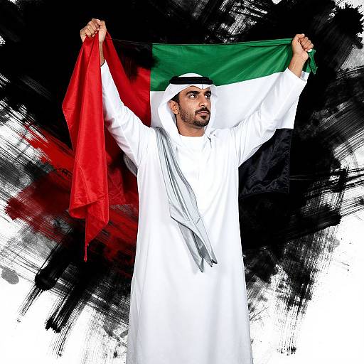 Photograph of a bearded man in white traditional attire, waving the Italian flag with raised arms against a black and white abstract background.