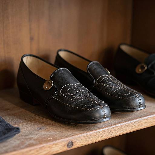 Photograph of two black, leather, lace-up shoes with gold buttons, placed on a wooden shelf against a wooden wall.
