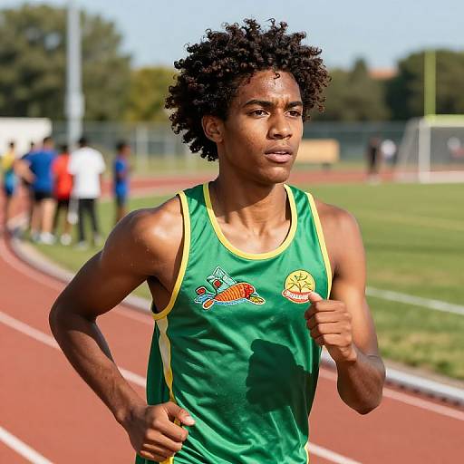 Photograph of a young Black male sprinter with curly hair, wearing a green and yellow sleeveless athletic uniform, running on a track with blurred background