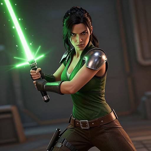 Digital art of a fierce, dark-haired woman wielding a glowing green lightsaber, wearing a green top, metallic shoulder armor, and brown pants, in