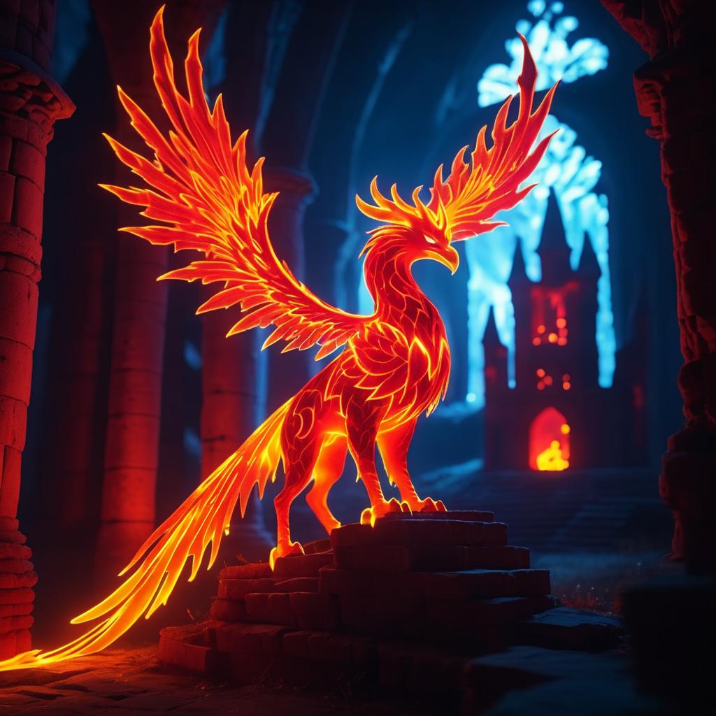 Radiant Crimson Phoenix in Ancient Ruins