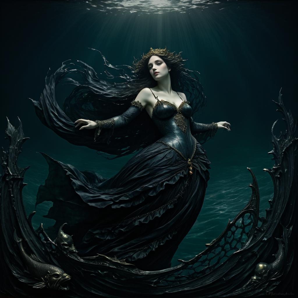 Cursed Mermaid in Dark Ocean Depths