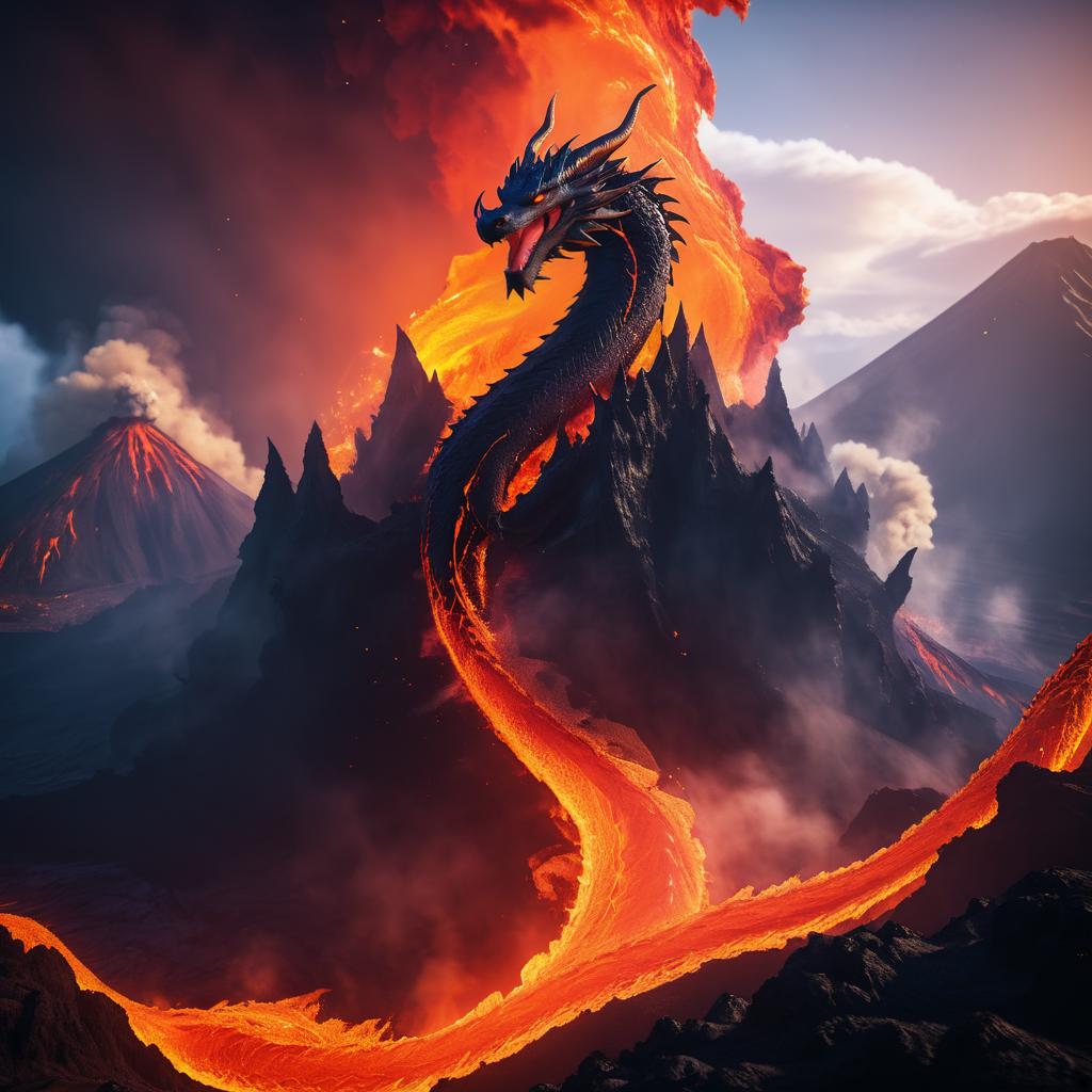 Cinematic Dragon Over Volcanic Landscape