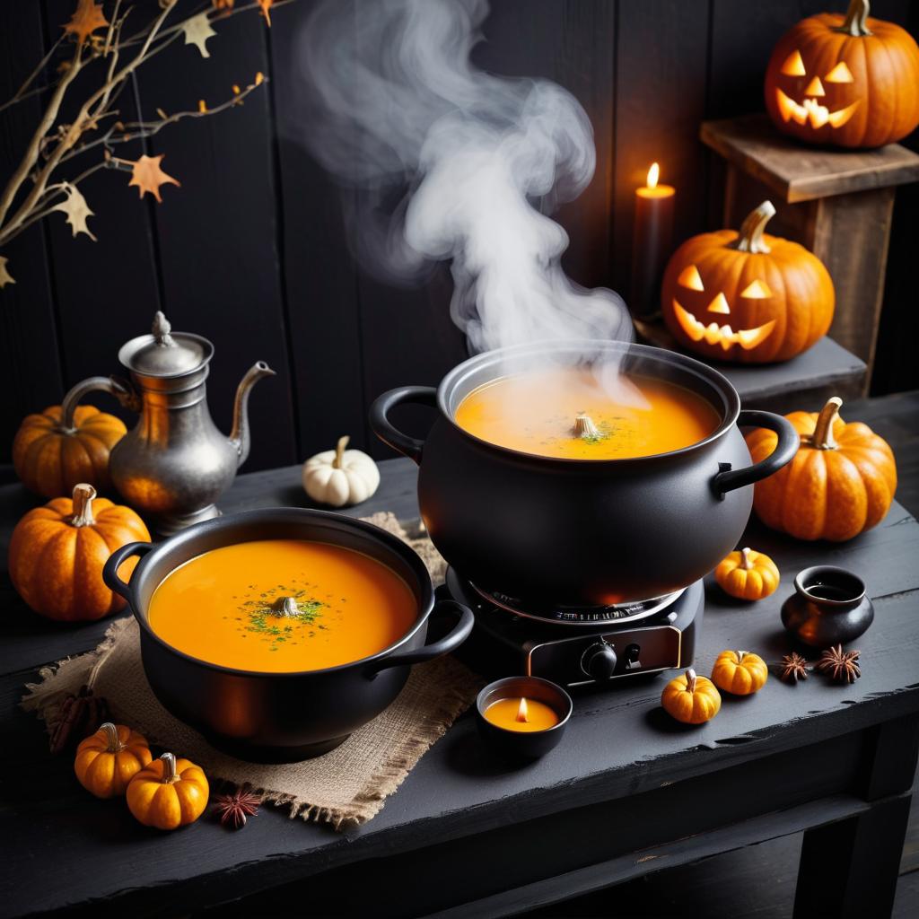 Eerie Halloween Scene with Pumpkin Soup