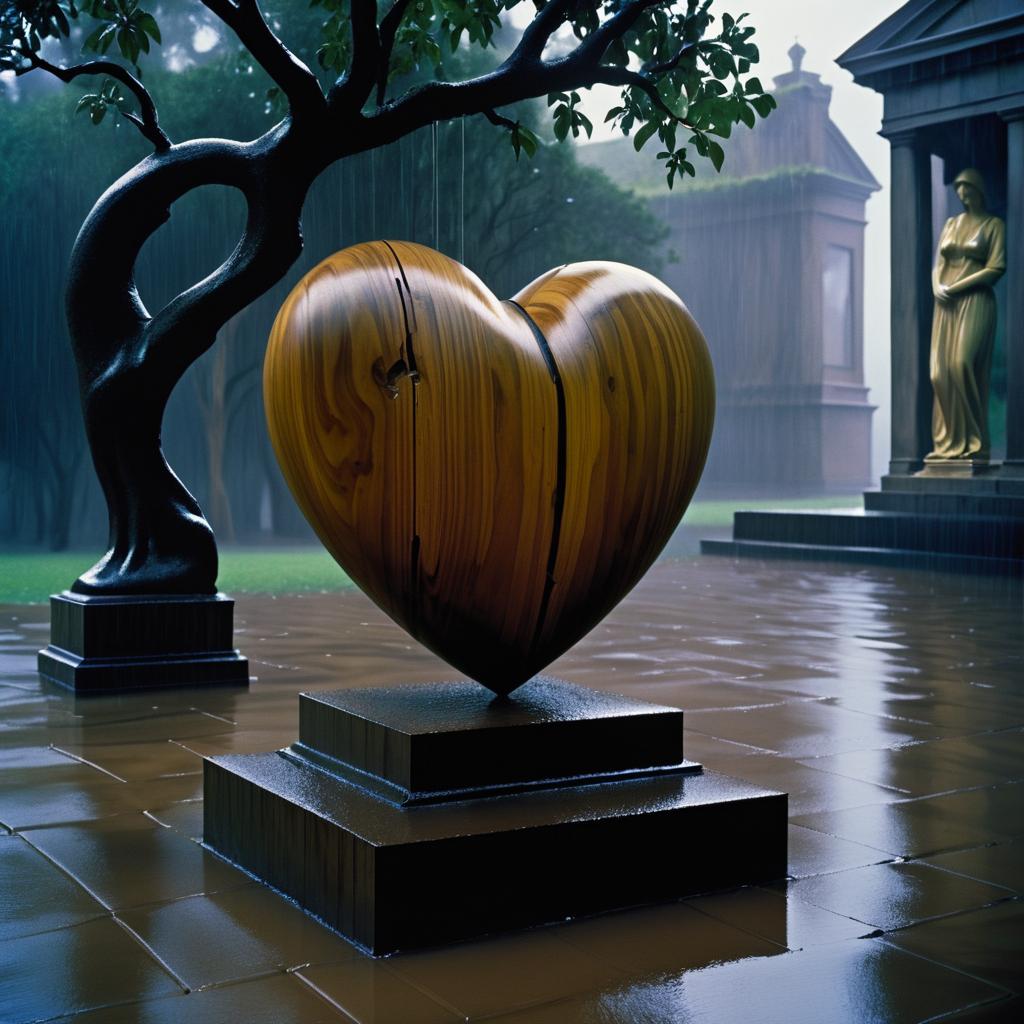 Surreal Wooden Heart in Rainy Atmosphere