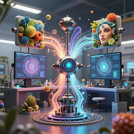 Digital artwork of a futuristic control center with neon lights, two monitors displaying holographic interfaces, and a central glowing orb. Floral headpieces overlay the monitors