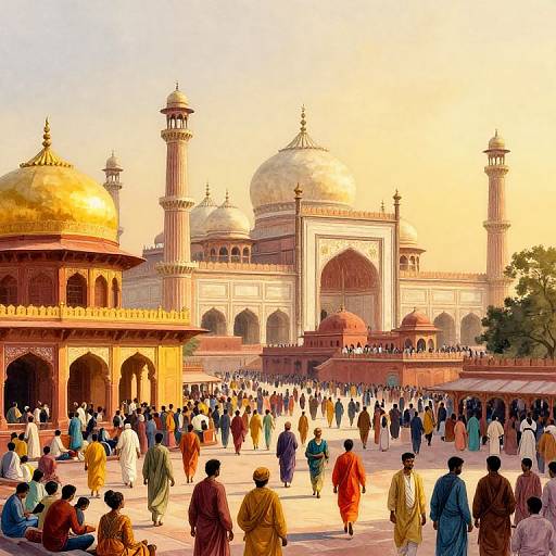Colorful photograph of a bustling courtyard at the Taj Mahal, with numerous people in traditional Indian clothing, golden domes, and intricate architecture under a
