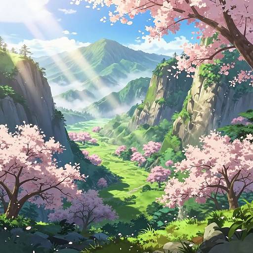 Digital anime-style landscape of a sunlit mountain valley with pink cherry blossoms, green foliage, and sunlight filtering through clouds.