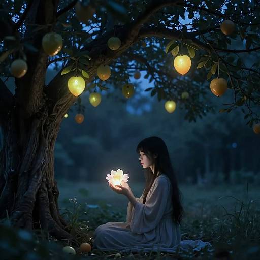 Photograph of a young woman with long dark hair, wearing a white robe, sitting under a glowing orange-fruit tree at night, holding a lumin