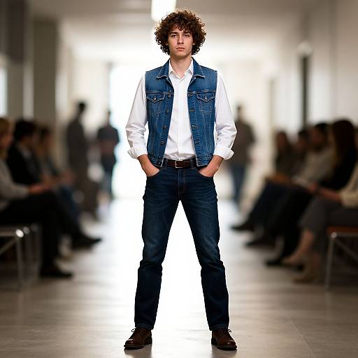 Photograph of a young man with curly brown hair, wearing a white shirt and blue denim vest, standing confidently on a brightly lit runway with blurred audience