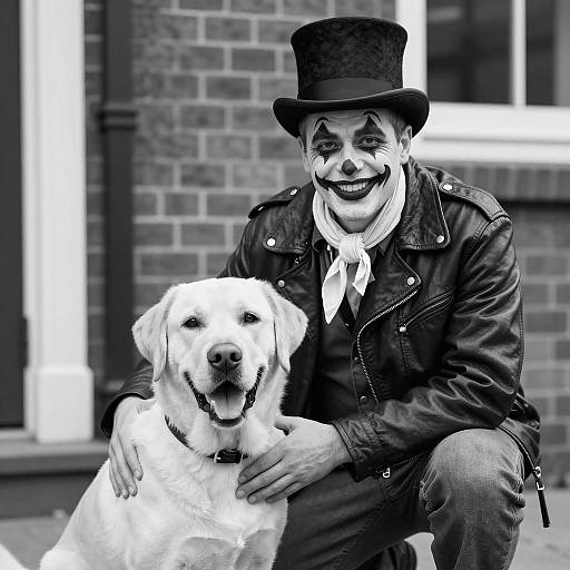 Whimsical Man and Dog in Monochrome