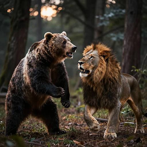 Photograph of a fierce battle between a brown bear and a majestic lion in a dense, moonlit forest, both snarling and standing on hind
