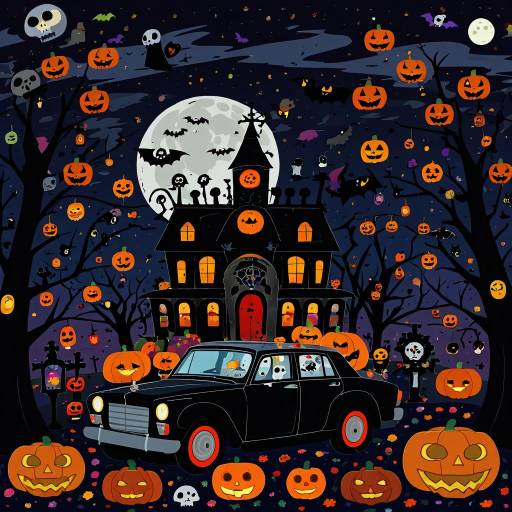 Halloween Night with Haunted House and Vintage Car