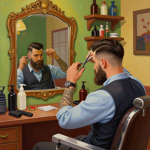Bearded man with tattoos, wearing vest and light blue shirt, trims mustache in vintage-style bathroom, reflected in ornate mirror.