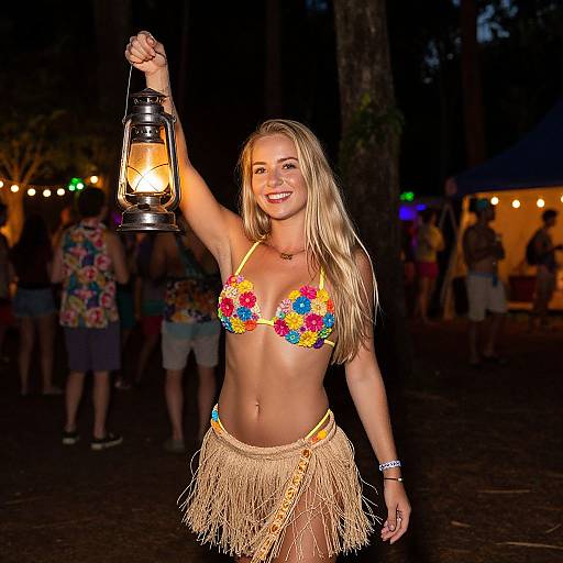 Blonde woman in colorful floral bikini top and straw skirt, holding lantern, smiling at night festival. Background: blurry festival-goers, string lights.