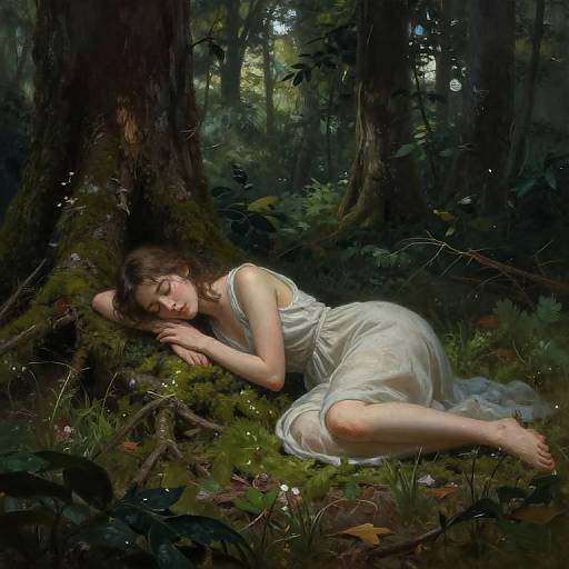 Digital painting of a serene, fair-skinned woman with brown hair, wearing a white, flowing dress, sleeping peacefully by a forest tree.