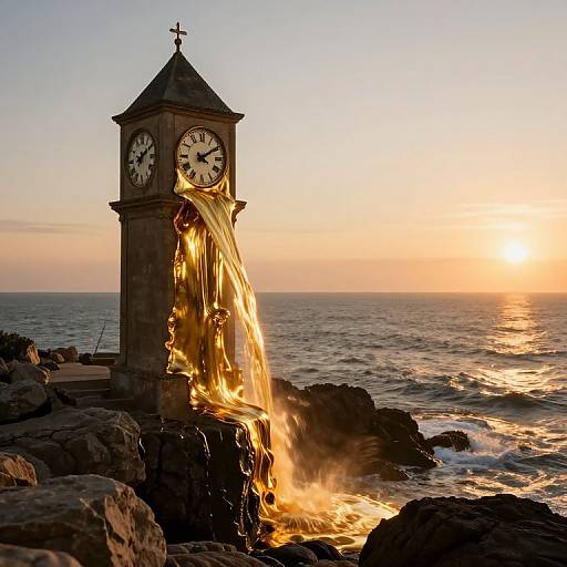 Photograph of a coastal clock tower at sunset, water dramatically cascading over its side, glowing in golden sunlight.
