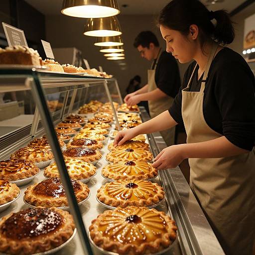 Photograph of a bakery: two female bakers in black shirts and beige aprons, arranging glossy, glazed pastries under warm, overhead lights in
