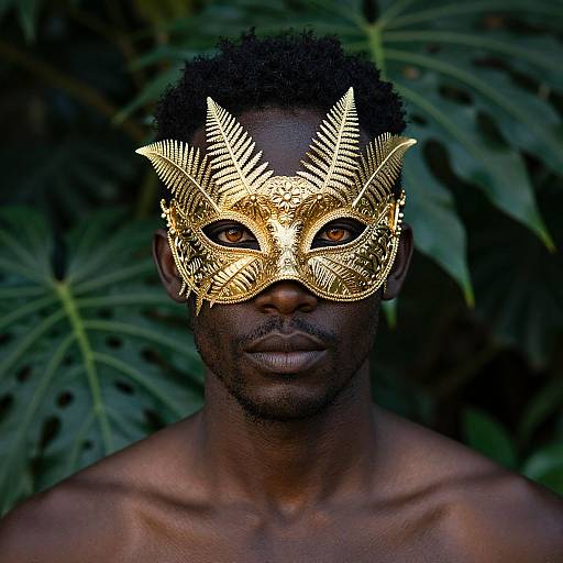 Photograph of a dark-skinned man with short curly hair wearing an ornate, gold, feather-patterned mask against a lush, green leafy