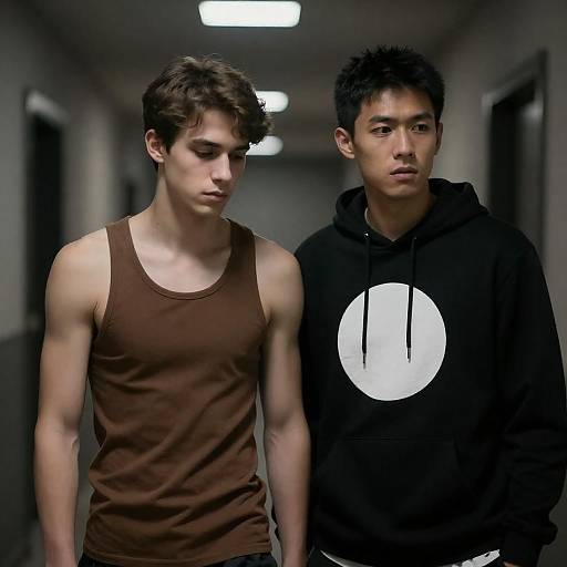 Young Men in a Dimly Lit Hallway