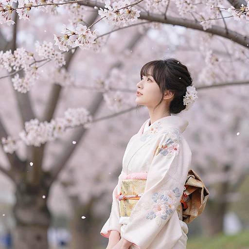 Women in Kimono Amid Cherry Blossoms
