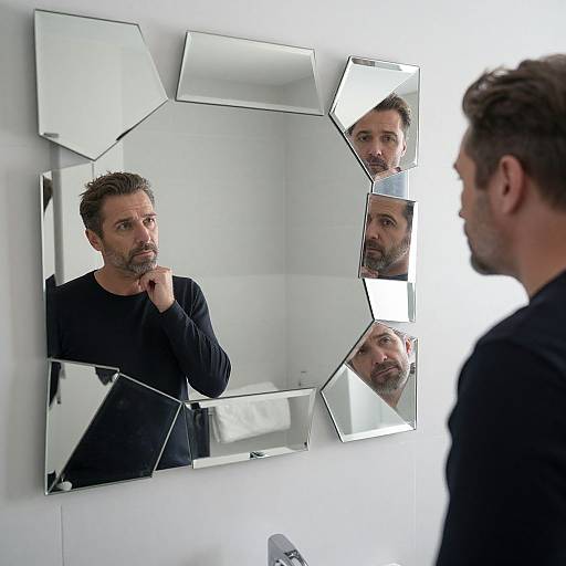 Photograph of a bearded man in black shirt, staring at a geometric, multi-pane mirror, reflecting multiple views of his face.
