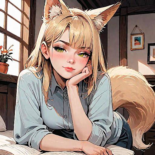 Anime Girl with Fox Ears and Tail Indoors