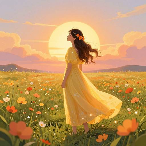 Digital artwork of a woman in a flowing yellow dress, adorned with flowers, standing in a vibrant flower field at sunset.