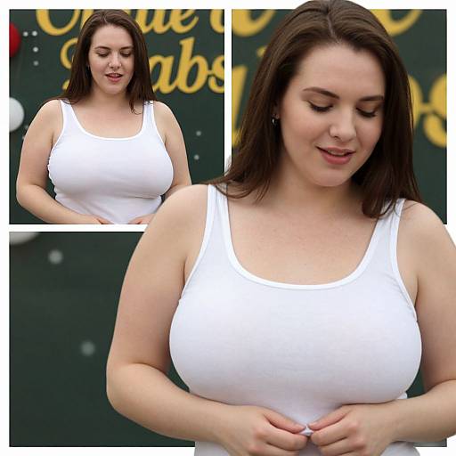 Photograph collage of a plus-size woman with fair skin and brown hair, wearing a white tank top, smiling and looking down, showing her large breasts