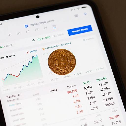 Photograph of a smartphone screen displaying cryptocurrency exchange data with a Bitcoin coin in front, featuring a price chart and 