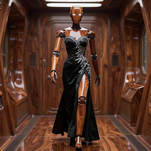 Photorealistic CGI of a sleek, wooden robotic woman in a black, strapless gown with a high slit, walking down a futuristic, wooden corridor