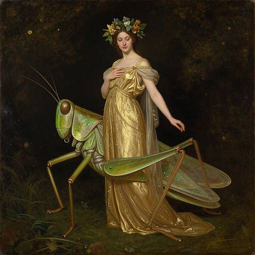 Painting of a fair-skinned woman in a gold, Grecian-style dress, wearing a floral crown, standing beside a large, green grass