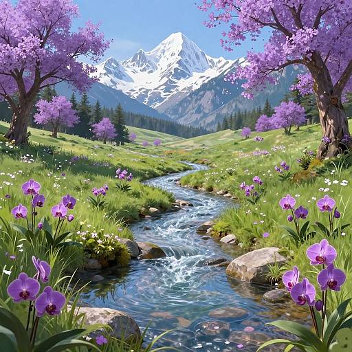 Serene Fantasy Meadow with Violet Orchids