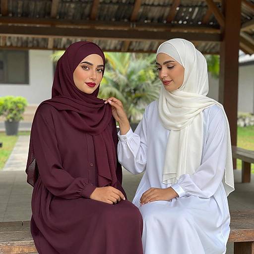 Women in Hijabs on Rustic Bench