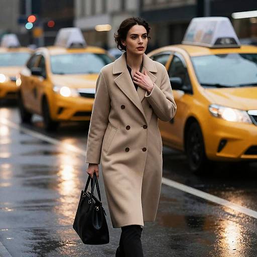 Woman Walking on Wet City Street with Yellow Taxis